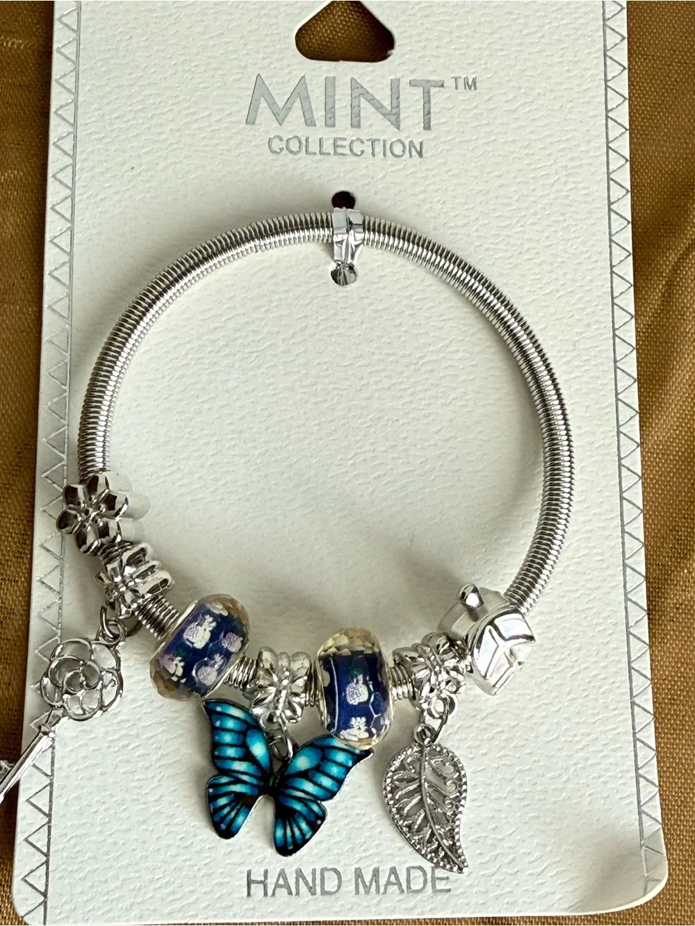 Mint Silver Charm Bracelet with Blue Butterfly and Navy Glass Beads